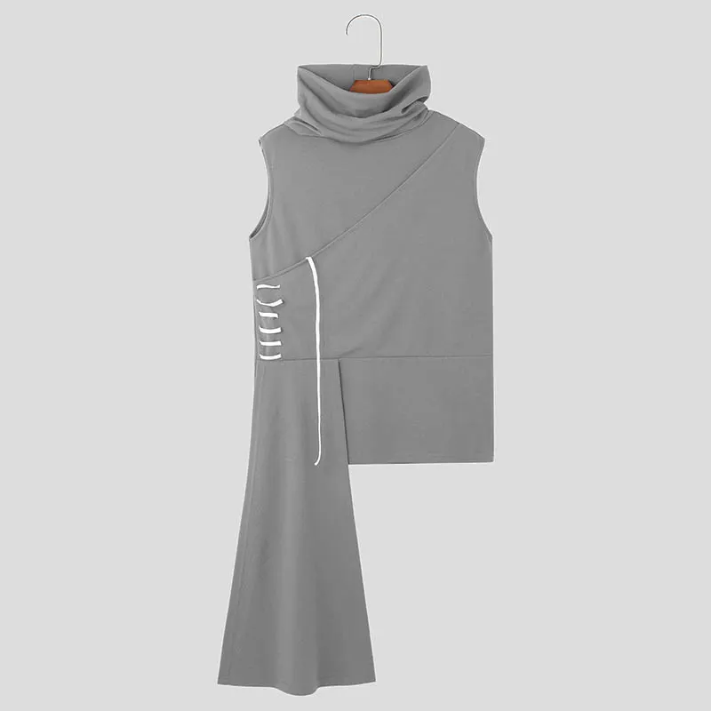 thumbnail image 1 of INCERUN Tops 2024 Moda para hombre Cuello alto Diseño irregular Chalecos Casual Ropa de calle Patchwork Rayas Sin mangas Camisetas sin mangas S-5XL, 1 of 5