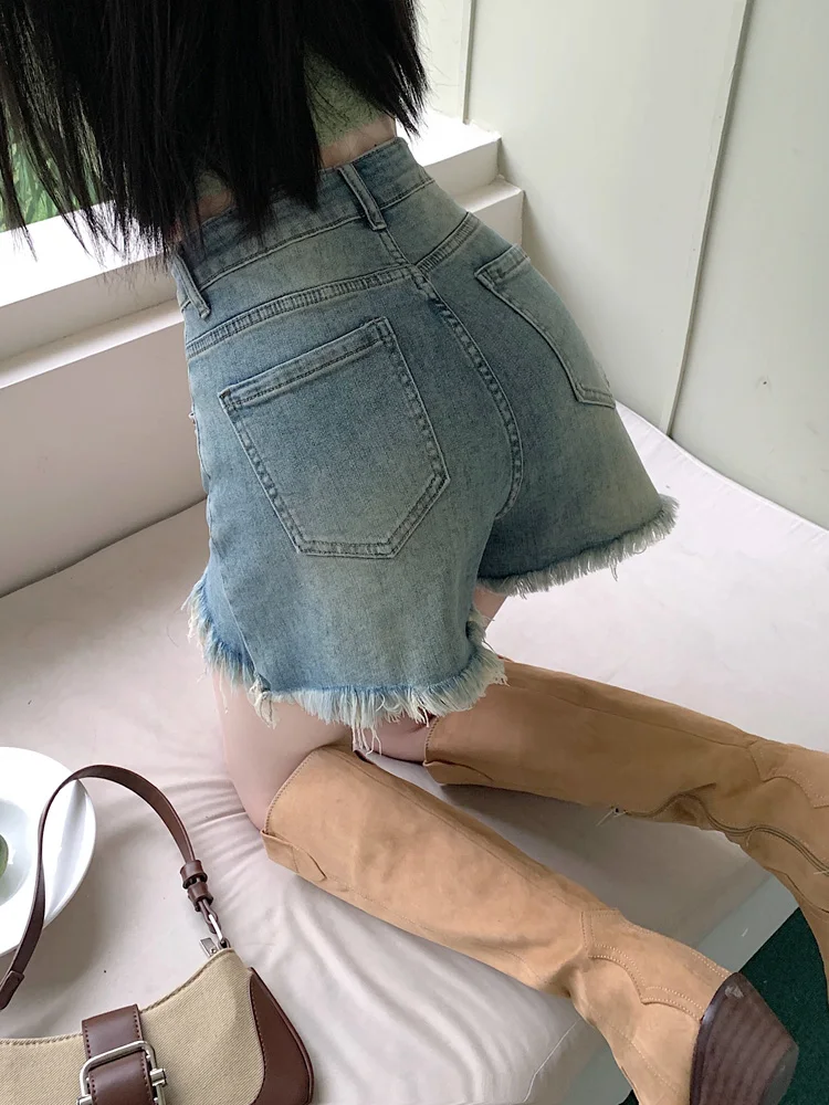 New Women Summer Plus Size Denim Shorts Fashion High Waist A-Line Tassel Shorts Simplicity Casual Hottie Jeans Shorts