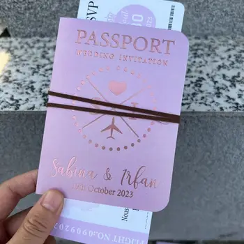 골드 스탬프 진주 종이 초대장, 맞춤 호일 텍스트, 여권 탑승 티켓, 생일 기념일 이벤트 초대 카드, 50 세트