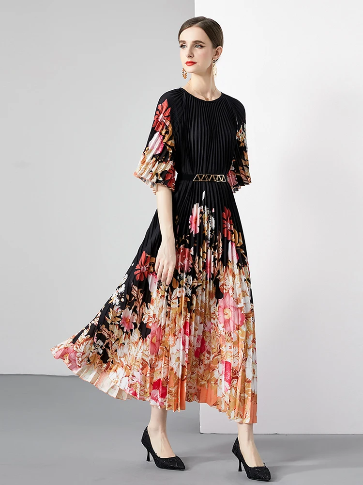 

Miyake Pleated Print Long Dress Women 2023 Summer Lee New O-Neck Lace-up Belt Black Loose Large Size Vintage Slim A-Line Dress