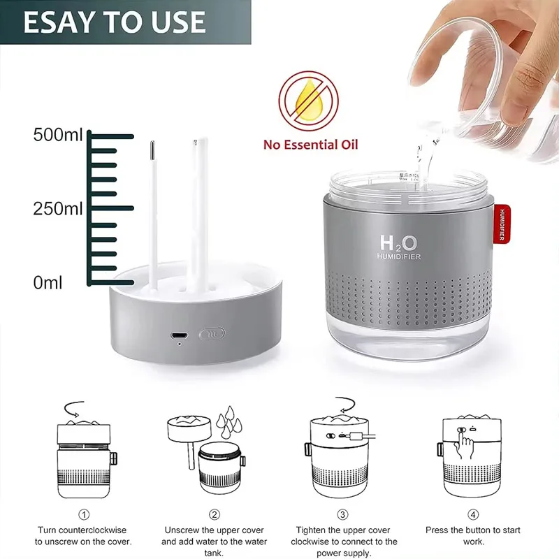 Portable LED Light Mini Humidificador 500ml H2o Spray Cool Mist Double Wet Car Snow Mountain Air Humidifier