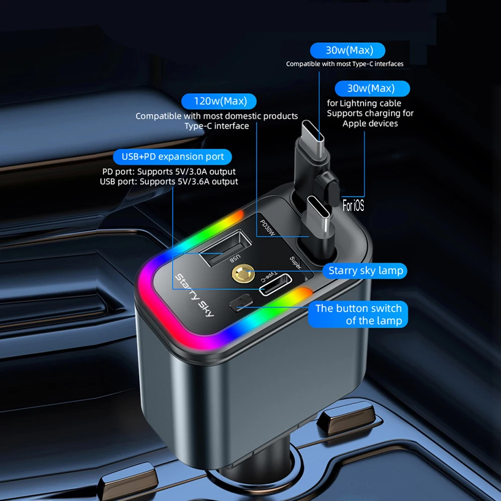 180W 블루투스 5.3 차량용 핸드폰 충전기 PD QC 3.0 초고속 차량용 FM 트랜스미터 핸즈프리 차량용 키트 TF 카드 & USB 메모리 음악 플레이어