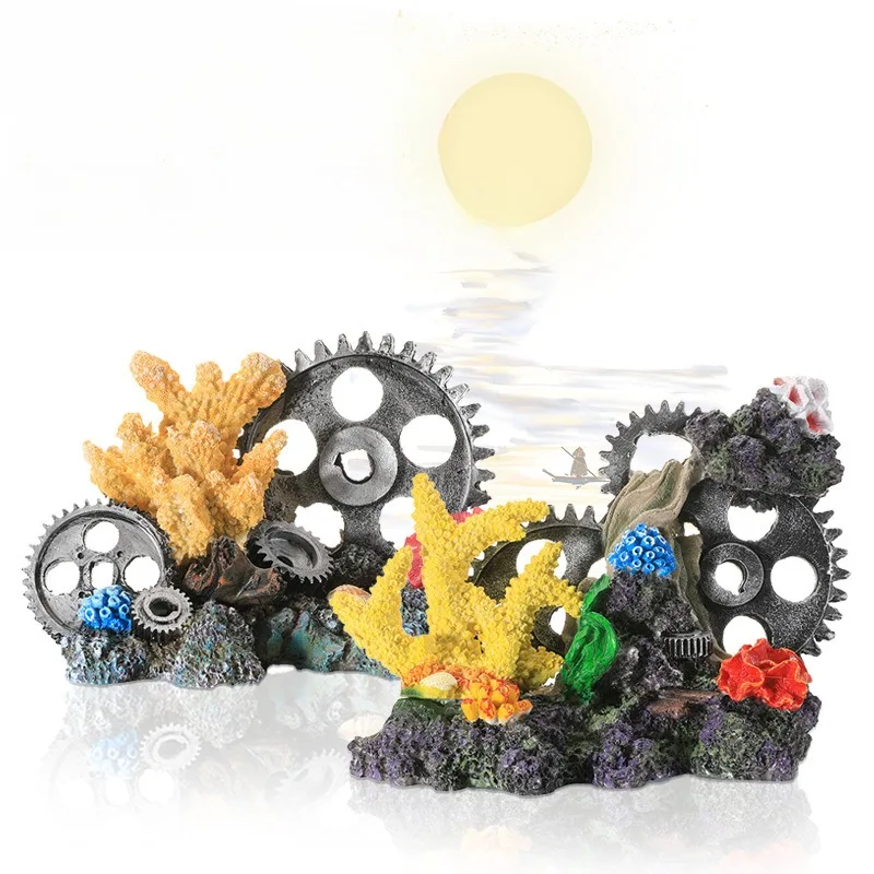 

Handmade Aquarium Decoration with Coral Landscape, Gear, and Resin Ornament