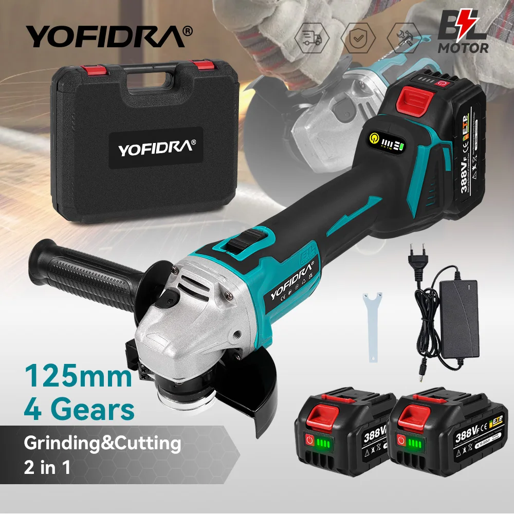 YOFIDRA 4 Gears Brushless Angle Grinder 125mm Cordless Cutting Polishing Cutting Machine Power Tool For Makita Battery Pin