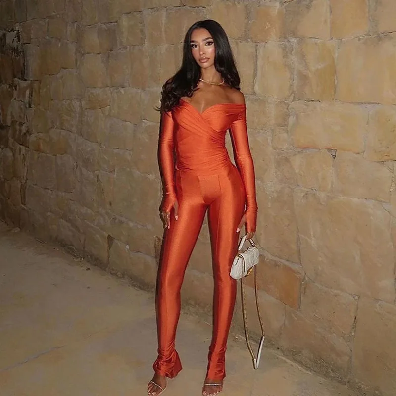 Sexy Off Shoulder Large V-neck High Waist Tight Pants Casual Sports Set bodysuit disfraz sexy mujeres
