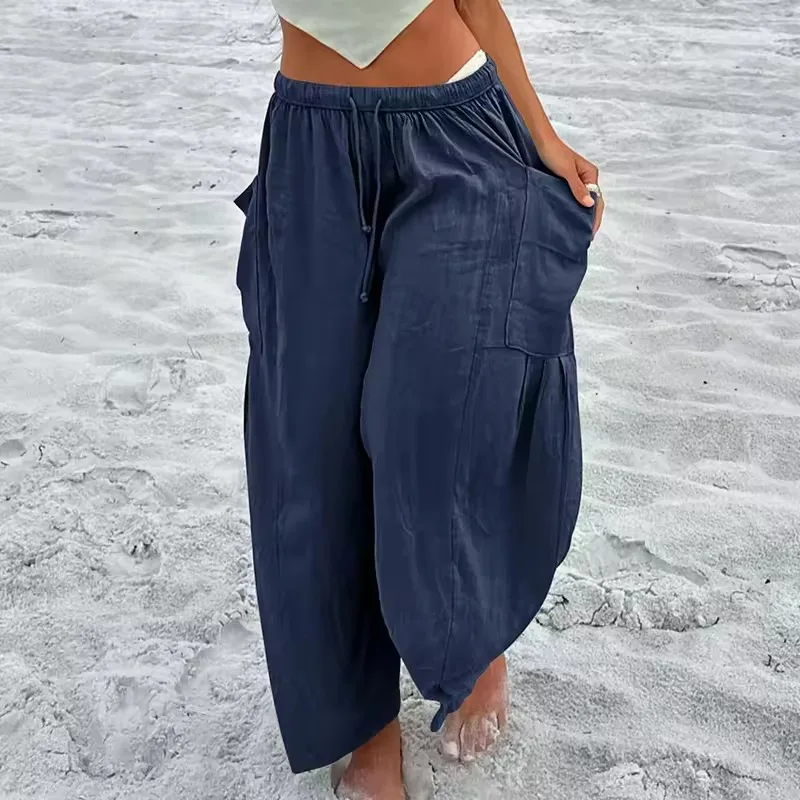 Autumn Loose Wide Leg Pants Women's Clothing Elastic Waist Pleated High Waist Casual Cotton Linen Solid Color Trousers Pants