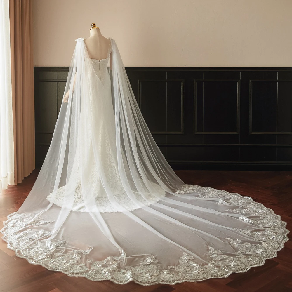 Appliques Long Train Drag Tulle Wedding Dress Shawl Long Prom