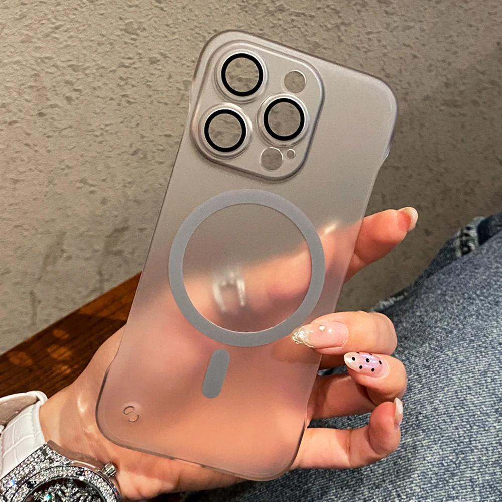 Ultra Thin Magnetic Matte Frameless Phone Case with Lens Protector and Translucent Frosted Back Cover