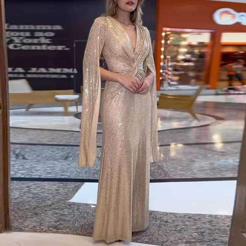 

Women Elegant Twist Knot Waist Sequins Dress Fashion Party Slim Maxi Dress Fall Winter V-neck Split Sleeve Evening Gala Dresses