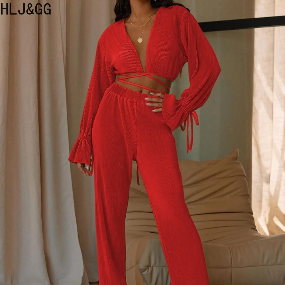 HLJ&GG Fashion Deep V Bandage Long Sleeve Crop Top And Wide Leg Pants Two Piece Sets Spring New Solid Matching 2pcs Streetwear tom silvester deep and wide 1 cd