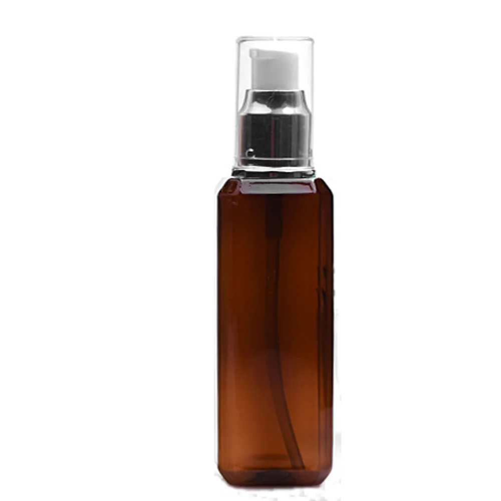 

3pcs/pack 100ml brown color square shape Refillable Squeeze PET Portable plastic lotion bottle with alumite silver color pump