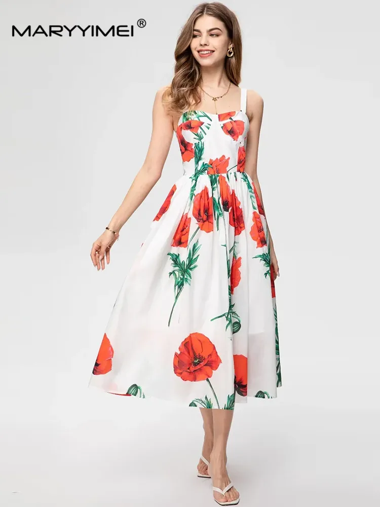 

MARYYIMEI Fashion Designer Summer Women's dress Poplin Floral-Print Suspender High Waisted Square Collar High Quality Dresses