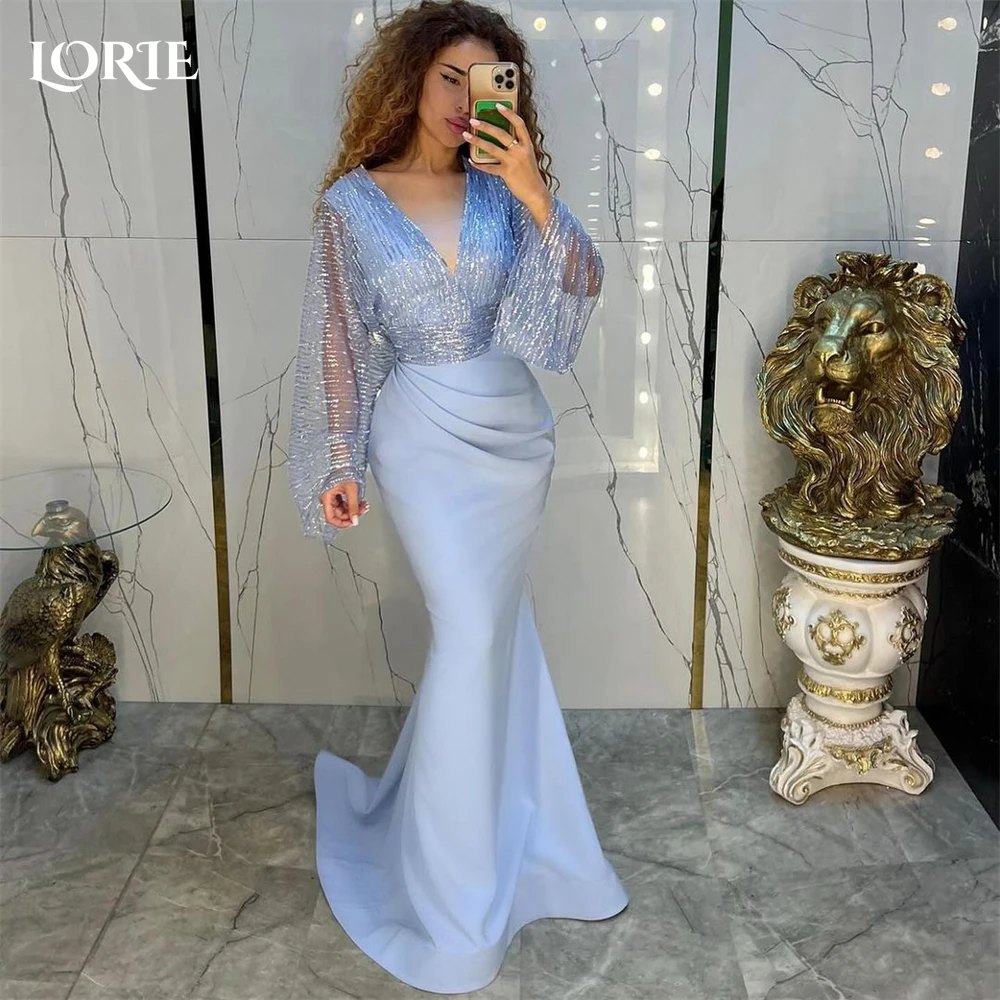 

LORIE Glitter Lace Mermaid Evening Dresses V-Neck Flare Sleeves Pleats Sparkly Prom Dress Solid Bridesmaid Wedding Party Gowns