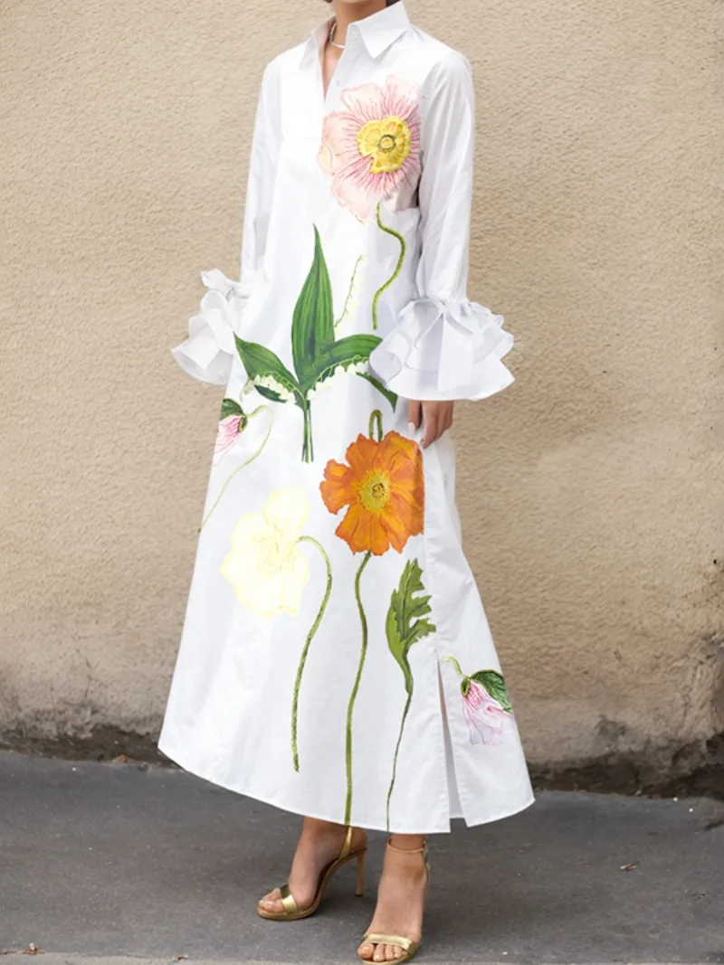 Robe longue 1930, soie blanche imprimée de petits bouquets - Chez Sarah