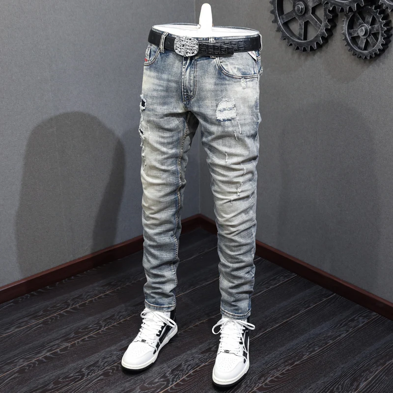 Italian Style Fashion Men Jeans Embroidery Designer Retro Gray Blue Elastic Slim Ripped Jeans Men Patched Vintage Pants Hombre