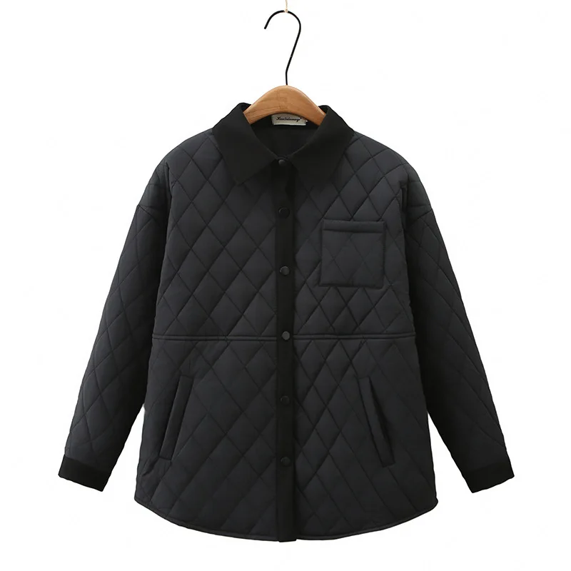 Womens Plus Size Winter Parkas Casual Clothing Block Color Lapel Padded Jacket Warmth Drop Shoulder Design Pockets Argyle Coats