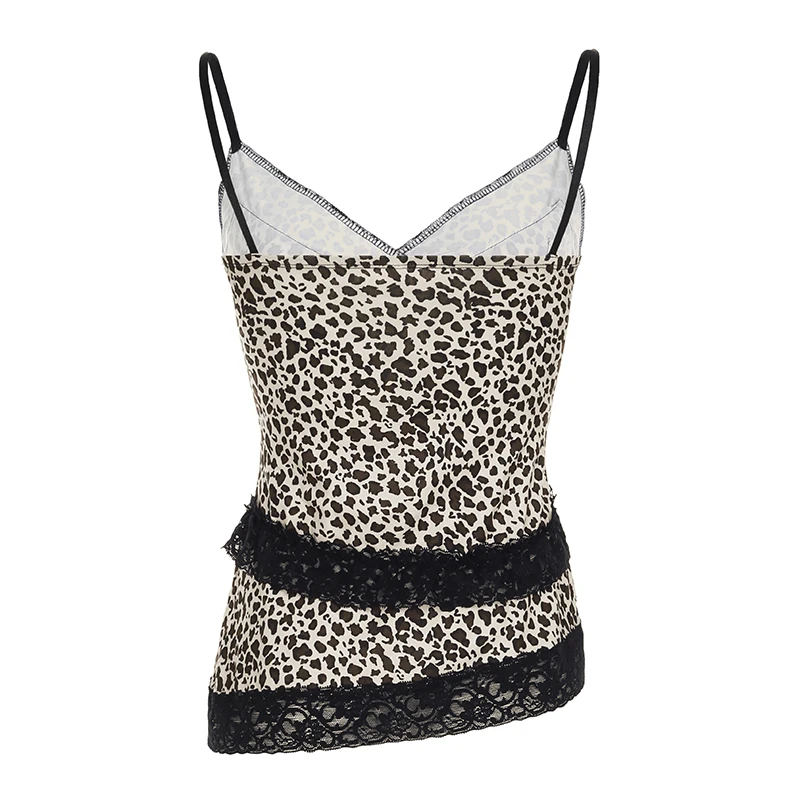 Camisola de encaje de leopardo con retazos estilo gótico Y2K, estilo urbano, con escote en V y lazo, estilo chaleco estético de moda para chicas