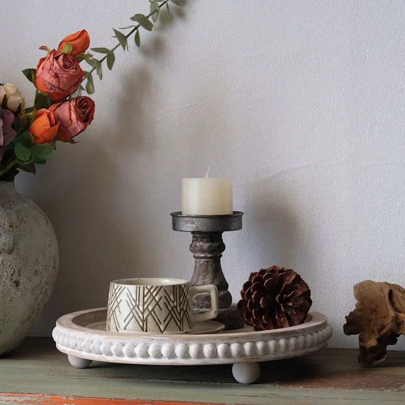 French Retro Style Wooden Bead Tray Countryside Home Tea Tray Coffee Shop Restaurant Round Storage Display Tray 2