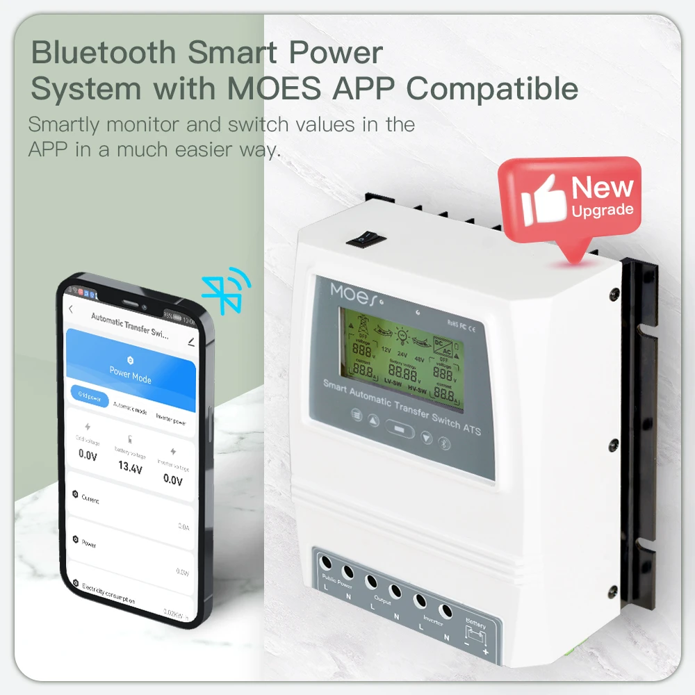 MOES Smart ATS Tuya BT Auto Power Transfer Switch Controller Energy Saving for Off Grid Solar/Wind System DC12/24/48V AC110/220V