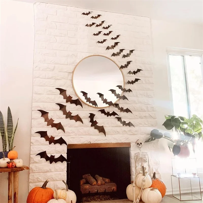 12/24pcs 3D Black PVC Bat Bar Wall Sticker Halloween Party Scary Props Wall Sticker Halloween Party DIY Decor Room Decoration