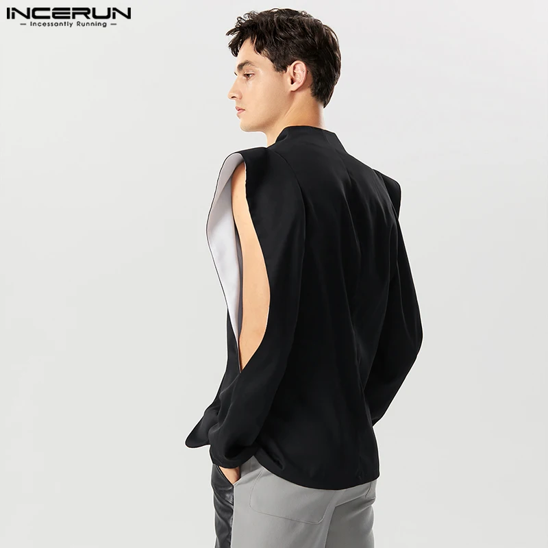 INCERUN 남성용 솔리드 라펠 긴팔 블레이저, 단추 불규칙 정장, 남성용 스트리트웨어, 할로우 아웃 패션, 얇은 코트 S-5XL, 2023