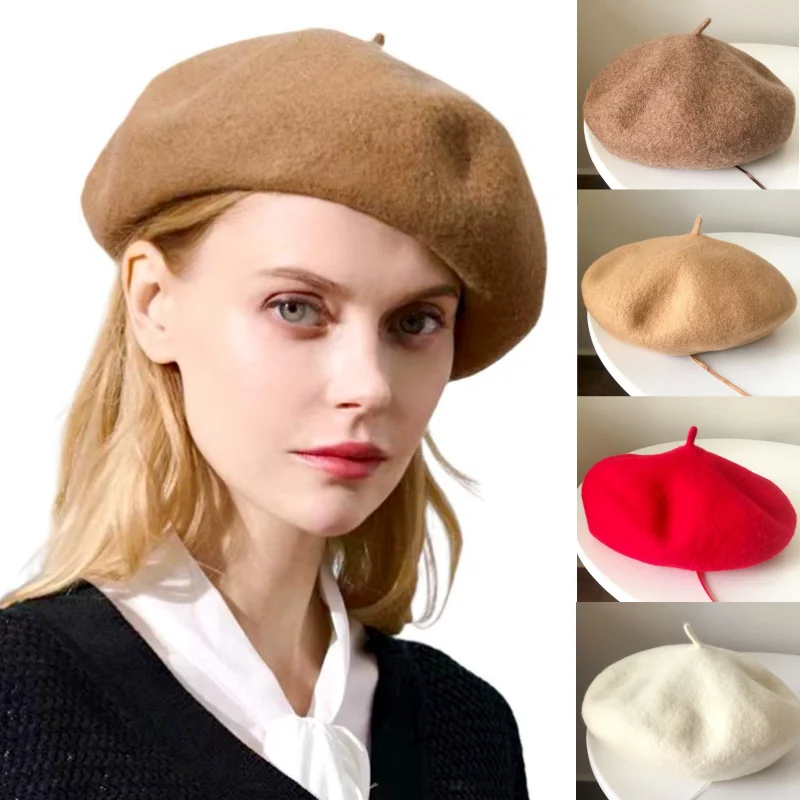 

Winter 100% Wool Beret Hat Solid Flat Berets Women Girl British Hepburn Stylish Artist Painter Hat Thick Warm Woolen Pumpkin Hat