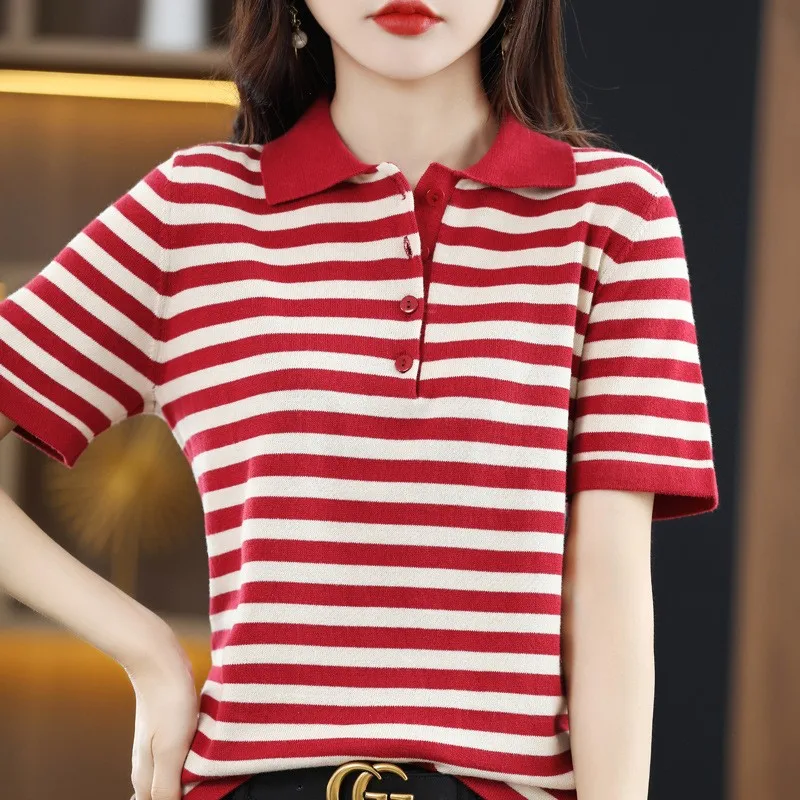 WinvyNee Summer Women's Solid Polo Shirt Striped Short Sleeved Top Casual Cotton T Shirt Women Casual Knitted Clothing A1002003