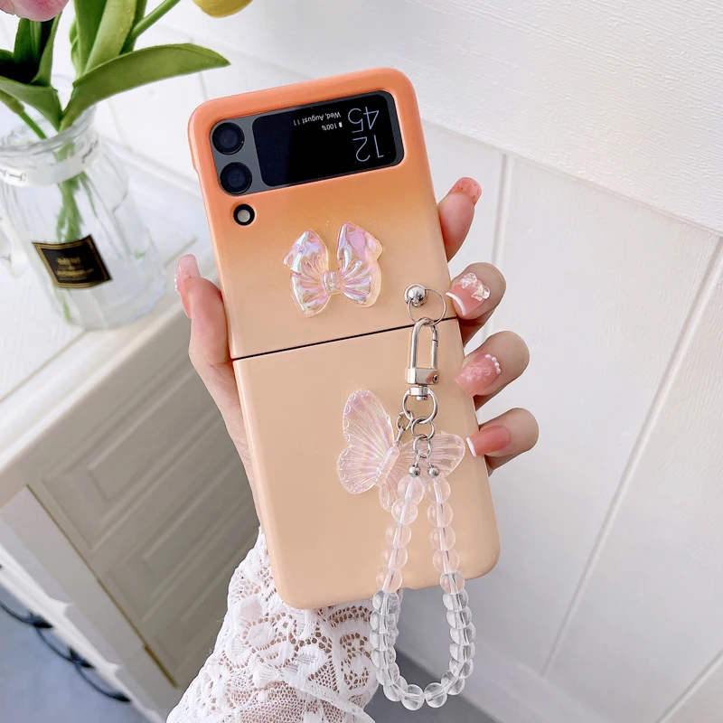 

Funda Case for Samsung Galaxy Z Flip 3 5G Gradient Glitter Pearlescent Tie Crystal Bracelet Hard PC Shock proof Phone Case Cover