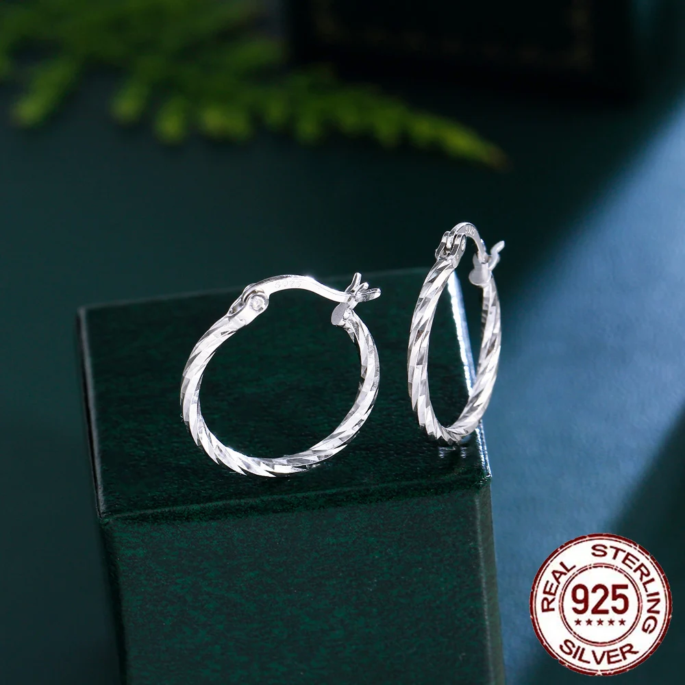 CWWZircons New Trendy Twisted Round Genuine Sterling Silver 925 Hoop Earrings for Women Daily Engagement Fine Jewelry SE042