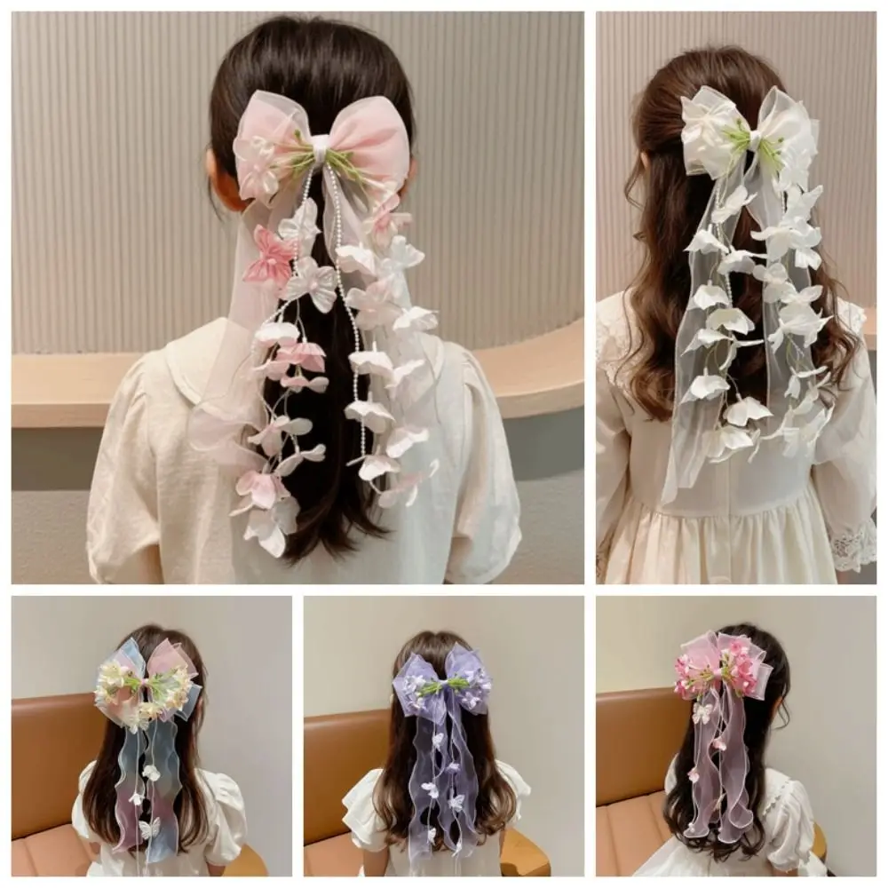 오버사이즈 점보 오간자 리본 비즈 장식 메쉬 소재 소녀용 꽃무늬 헤어핀 이중 레이어 수제 꽃 장식