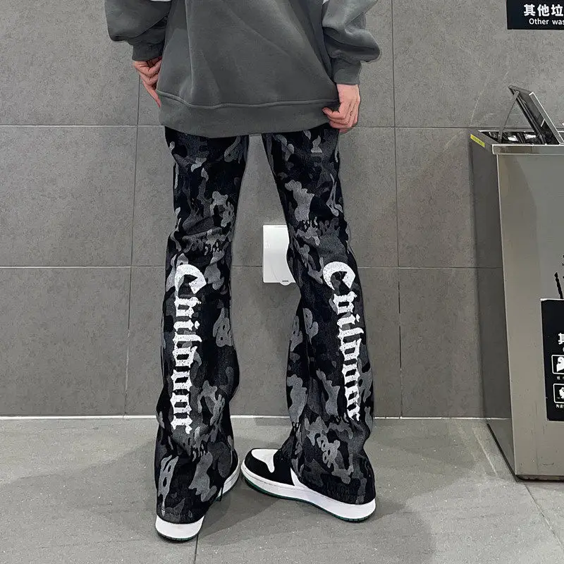 Hiphop Jeans Printed Camouflage Men Women American Retro 2022 Spring Autumn Gothic Punk High Waist Straight Micro Flared Pants