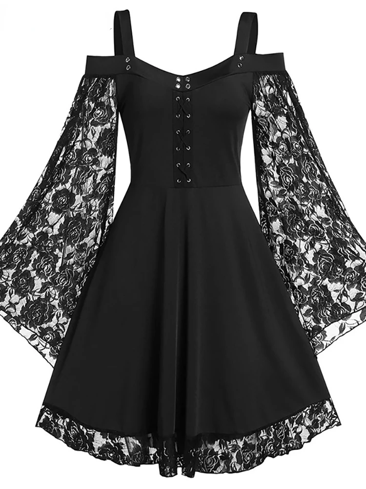 Women Gothic Dark Grunge Retro Elegant A-line Dress Lace Flare Sleeve Aesthetic Punk Party Y2K Autumn Fashion Halloween Dresses