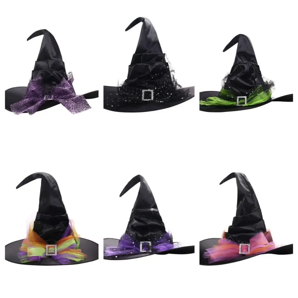 Portable Folds Halloween Witch Hat Satins Gothic Queen Mesh Bow Witch Hat Baroque Cosplay Photo Props Wizard Cap Parties