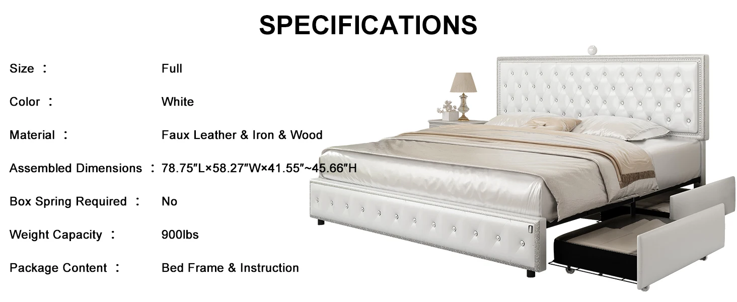 GEGOFORU Upholstered LED Bed Frame with Galaxy Projector, USB & Bluetooth, 4 Storage Drawers, No Box Spring, PU White