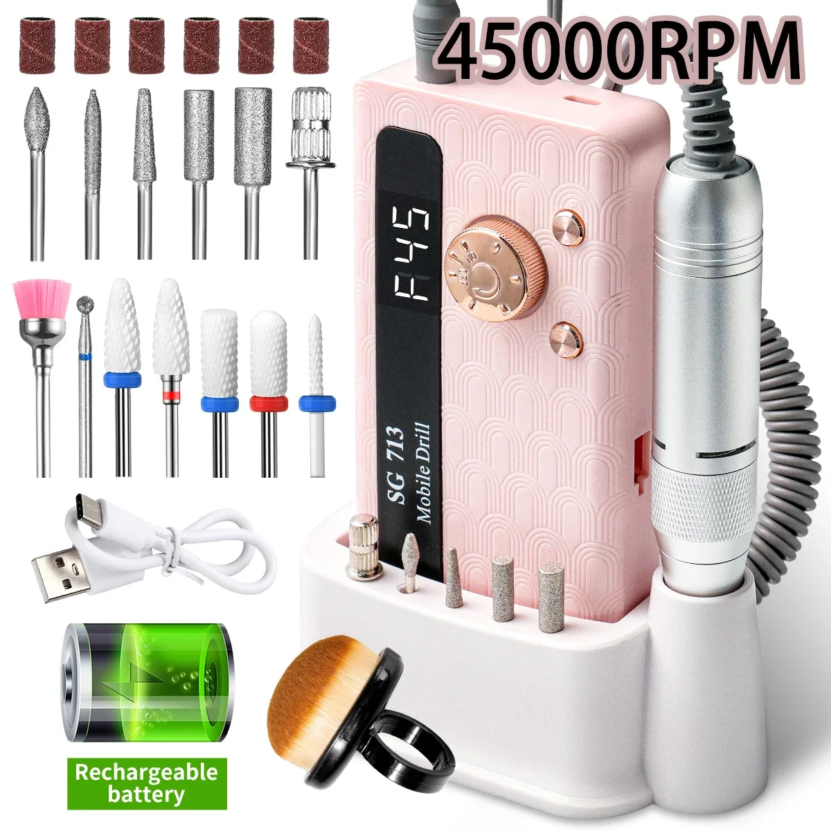 전문가용 휴대용 네일 드릴 머신 35000/45000RPM 충전식 전동 네일 파일 (젤 폴리쉬 제거 및 그라인딩)