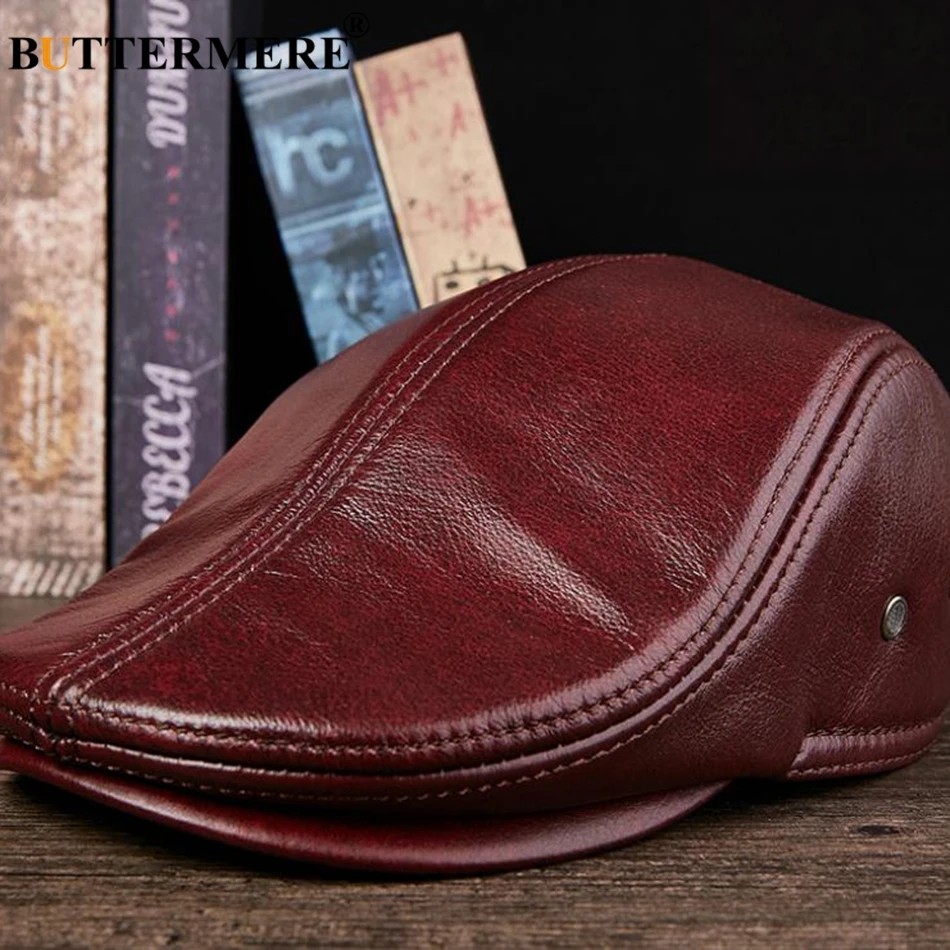 Beret hat BUTTERMERE flat caps men real leather duckbill hats berets earflaps casual directors cap male vintage winter driving caps for casual hat woolen beret