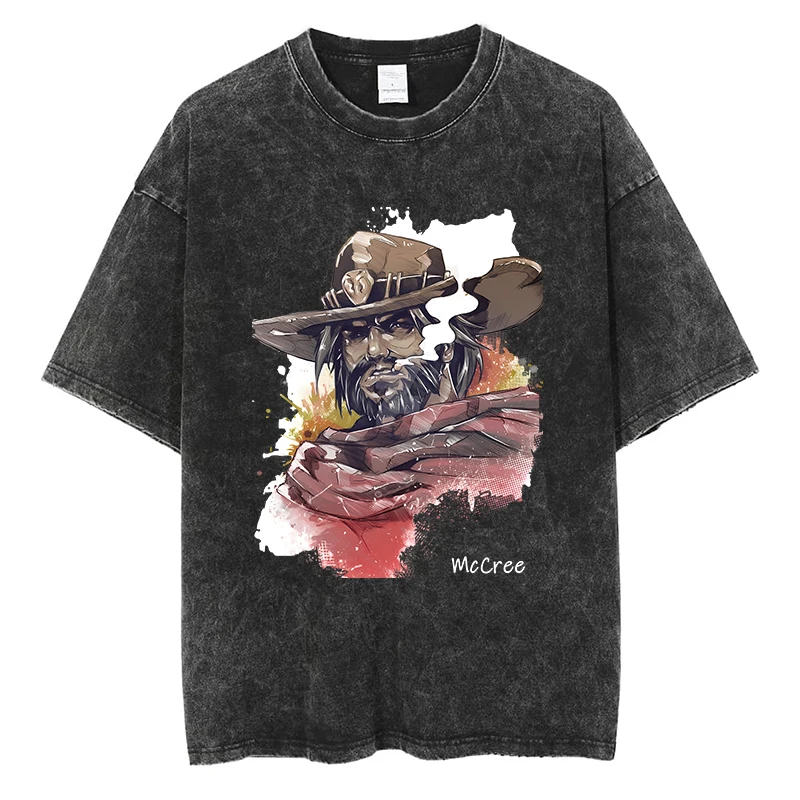 

Overwatch Games T Shirt Western-style Cowboy Revolver McCree Graphic T-shirt Cotton Vintage Men Women Oversized Black Tees