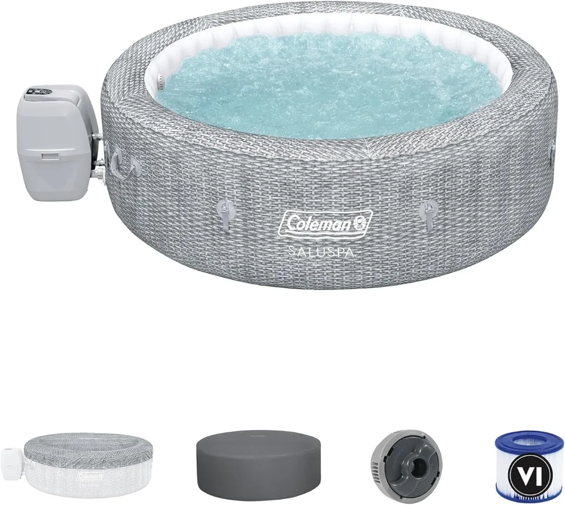 SaluSpa Sicily AirJet 7 Person Inflatable Hot Tub Round Portable Outdoor Spa with 180 Soothing AirJets and Insulated Cover Gray