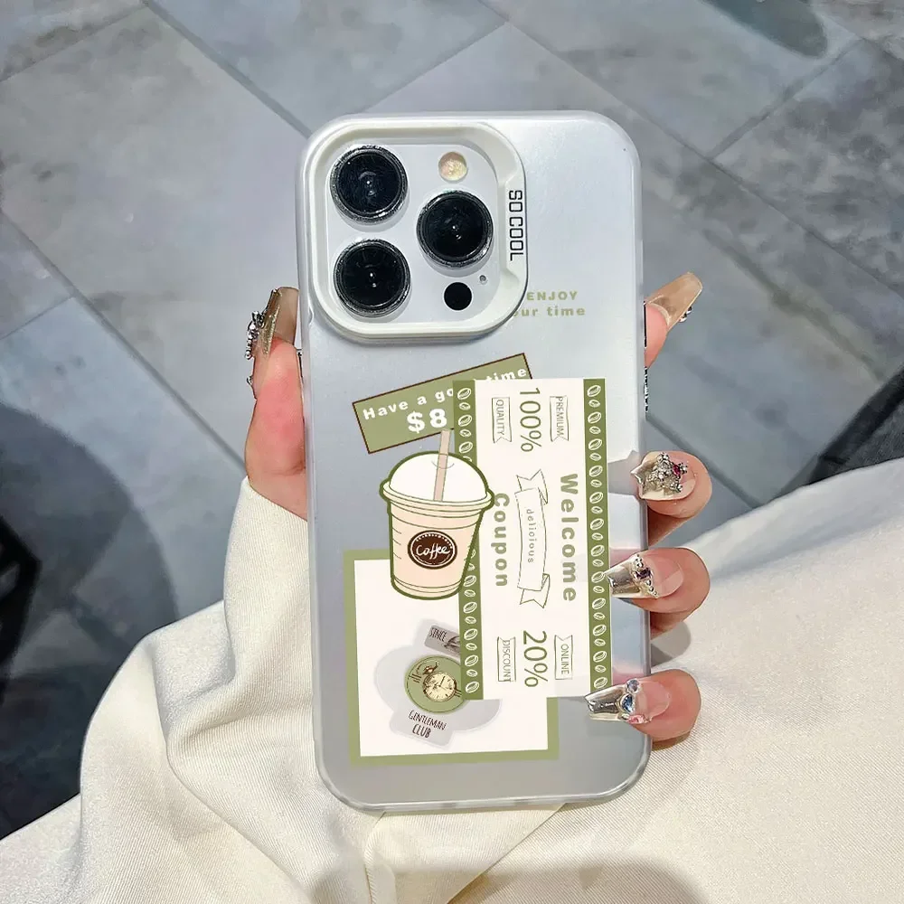 Trendy Luxury Silver Matte Shockproof Phone Case with Coffee Label Design