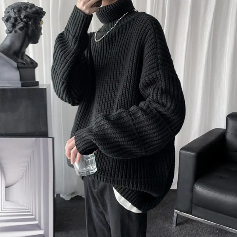 Neck Protection Sweater Cozy Mid-length Men's Sweater Warm Knitted High Collar Elastic Anti-shrink Pullover for Winter/fall