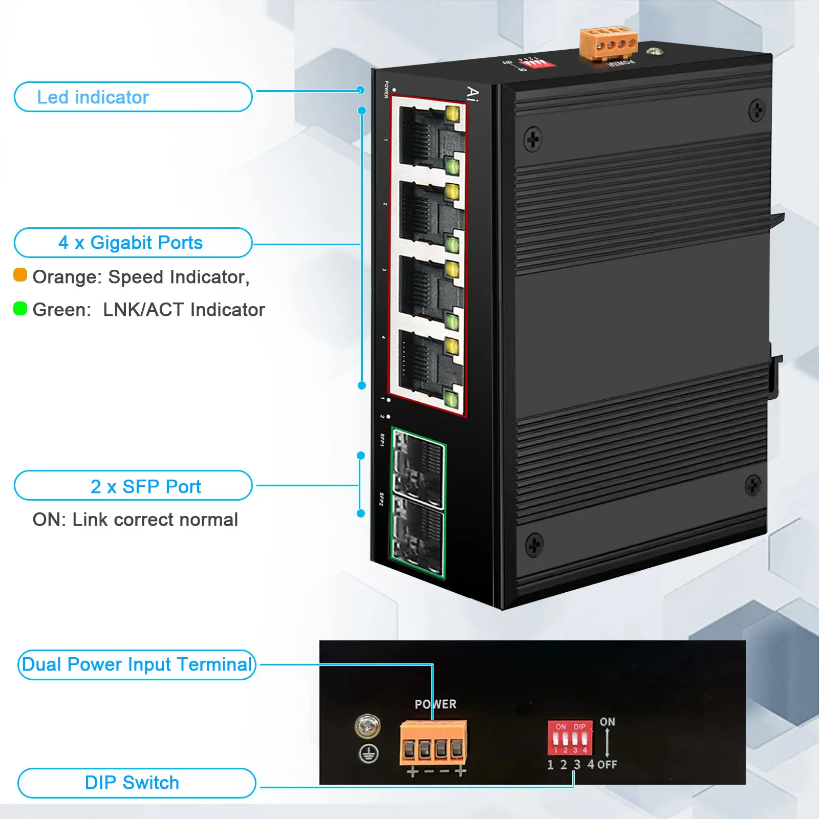 Ienron průmyslový POE spínač gigabit spínač ethernetový s 6 100/1000mbps levý bok lodi base-t DIN IP40 průmyslový sit' spínač DC44-55V