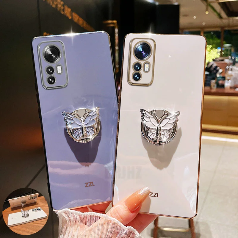 

360° Butterfly Ring Holder Phone Bracket Case For Xiaomi Poco M5 4G Poco M5S Soft Silicone Plating Back Cover