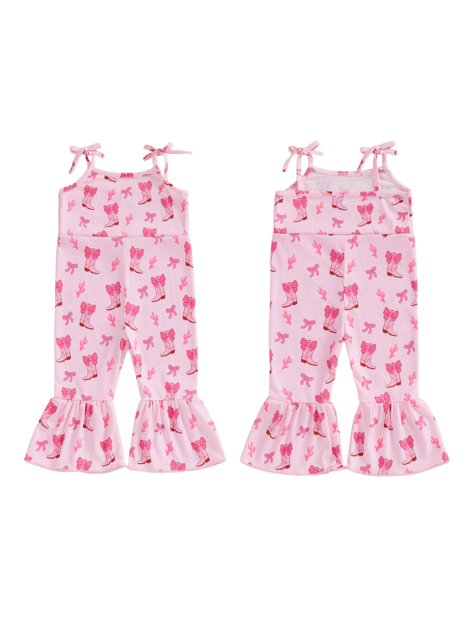 Kids Denim Overalls Western Style Sleeveless Tie Shoulder Strap Bow Boots Print Romper Toddler Bell Bottoms Jeans