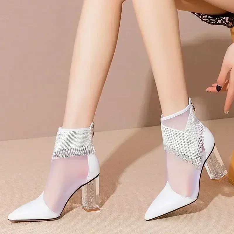 Rubber Soled Dance Boots Women 2025 Spring Pointy Rhine-diamond Tassel High Heel Mesh Latin Jazz Modern Dance Shoes Stage Show 4