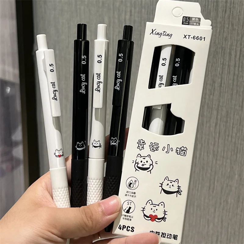 4pcs Cute Pens Lucky Kitten Pen Black Ink Kawaii Pens Ballpoint Pen Aesthetic Stationery School Supplies Pen Set Back To School