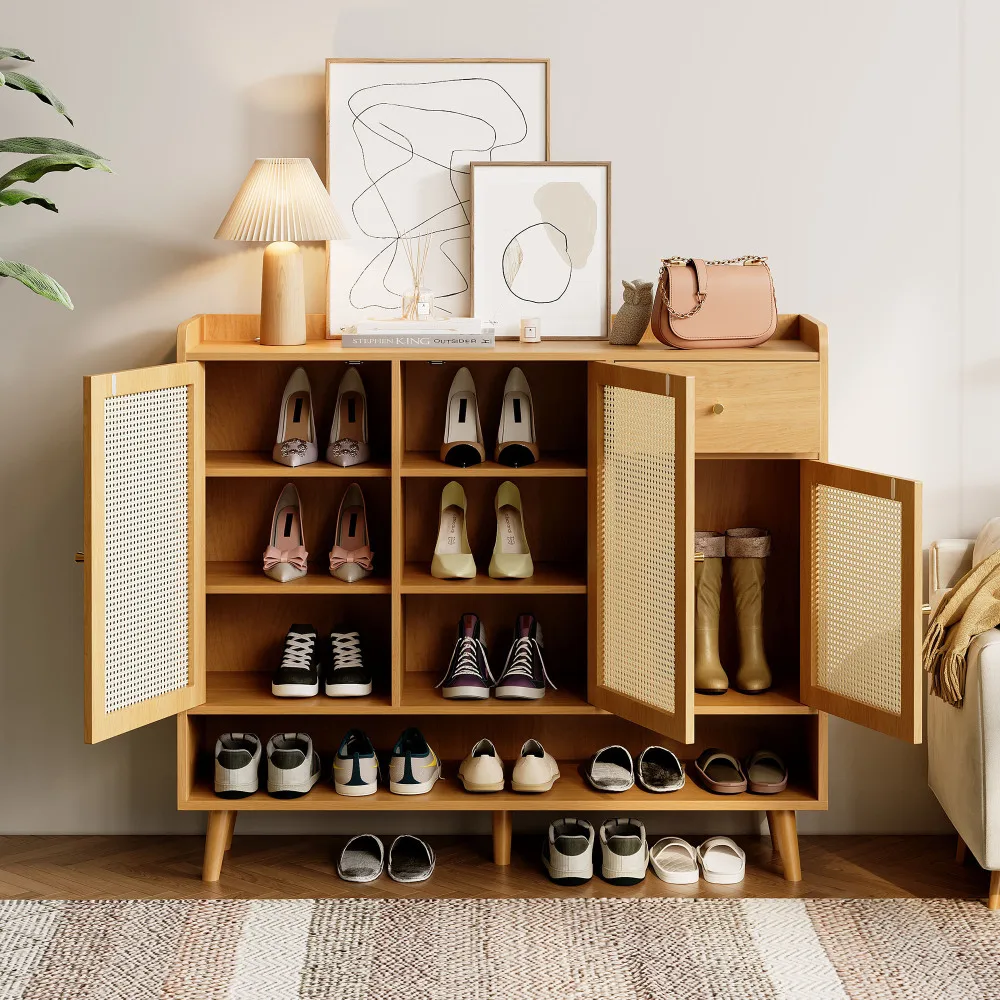 PINGGO Natürlicher Rattan-Schuhschrank 3 Türen 1 Schublade 5 Regale Metallgriff Massivholzbeine Flur-Möbel – Detail 9