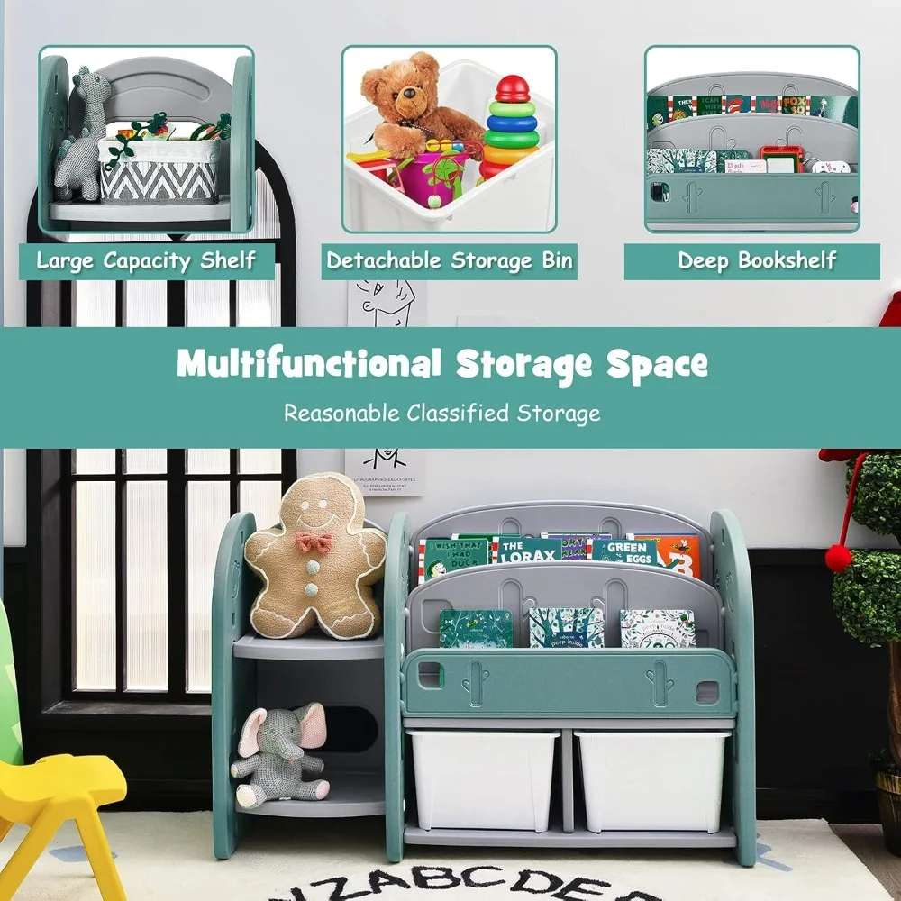 Kids Toy Storage Organizer, Toddler Bookshelf Cabinet w/ 2-Tier Bookshelf, 2 Shelves, 2 Removable Bins, (Green)