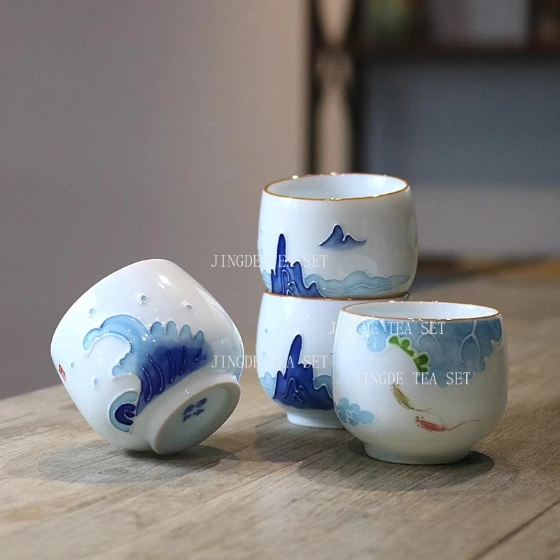 Ceramic Relief Tea Cup Home Hand-painted Tea Cup White Porcelain Kung Fu Tea Set Drinking Utensils Reverse Mouthed Master Cup
