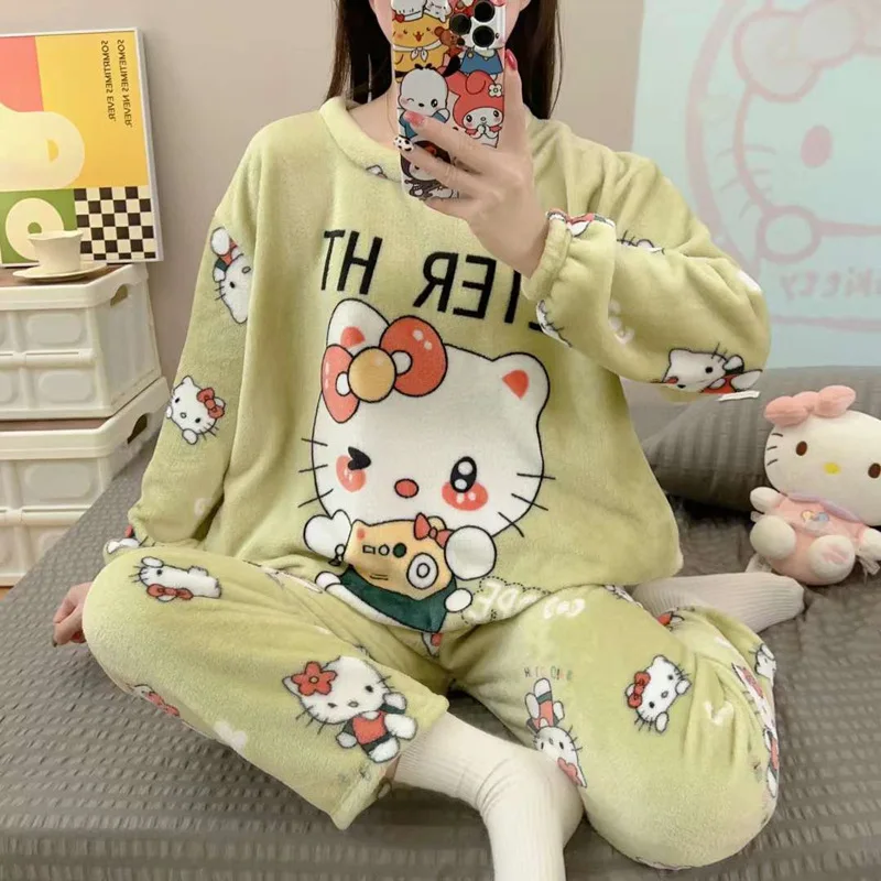 

Kawaii Hellokitty Pajama Ladies Coral Velvet Kitty Clothes Sanrio with Velvet Thickened Warm Flannel Homewear Cute Winter Set