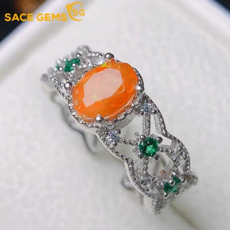 

SACEGEMS New Luxury Certified 5*7MM Natural Opal Ring S925 Sterling Sliver Plated 18k White Gold Wedding Jewelry Rings for Woman